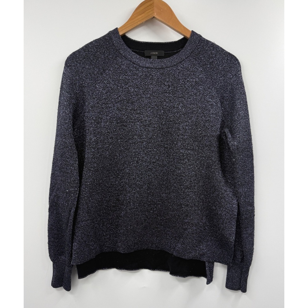 J.Crew Womens XS Metallic Navy Blue Silver Shimmer Crew Neck Sweater High-Low